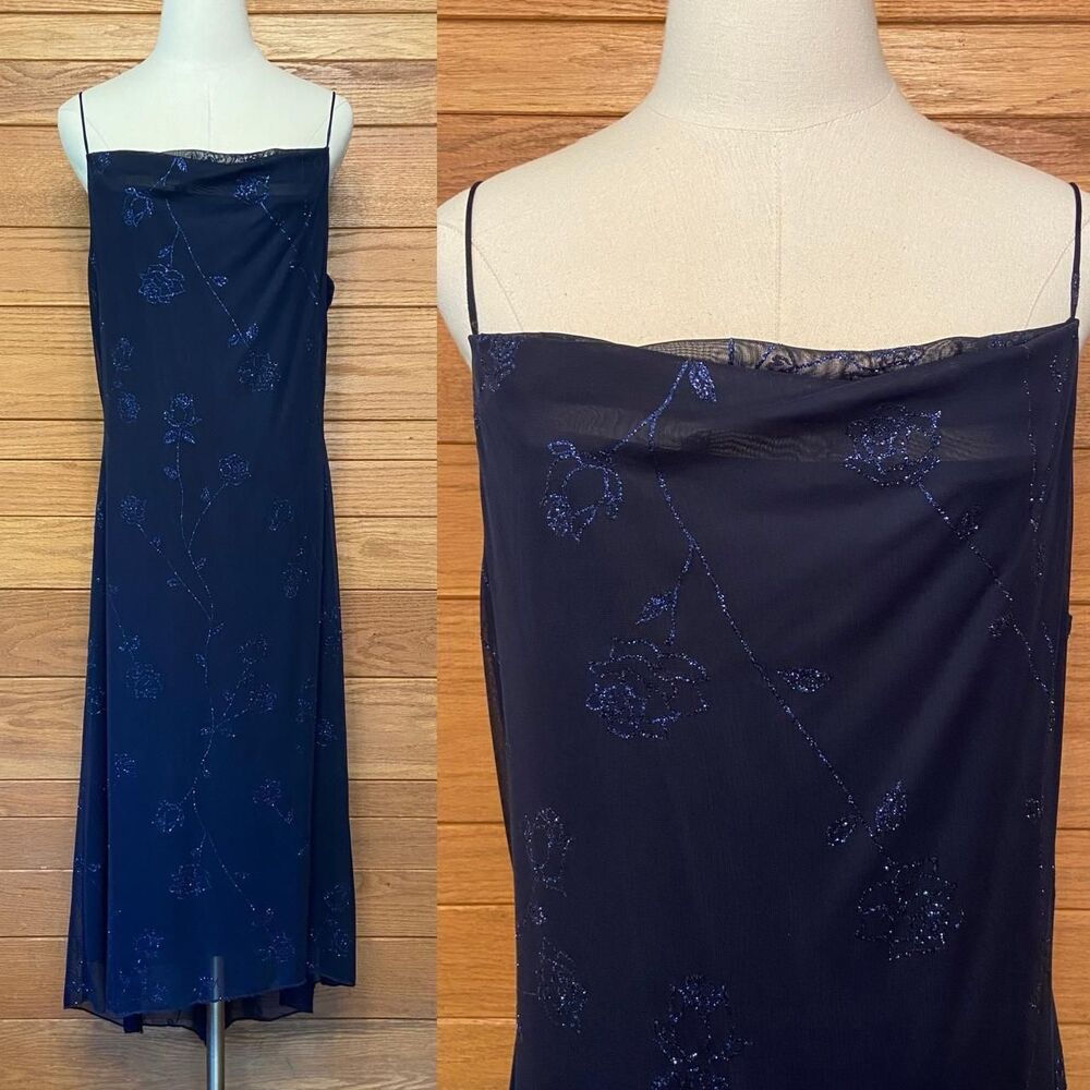 Vintage 90s Y2K Be Smart navy blue glitter floral cowl neck slip style dress
